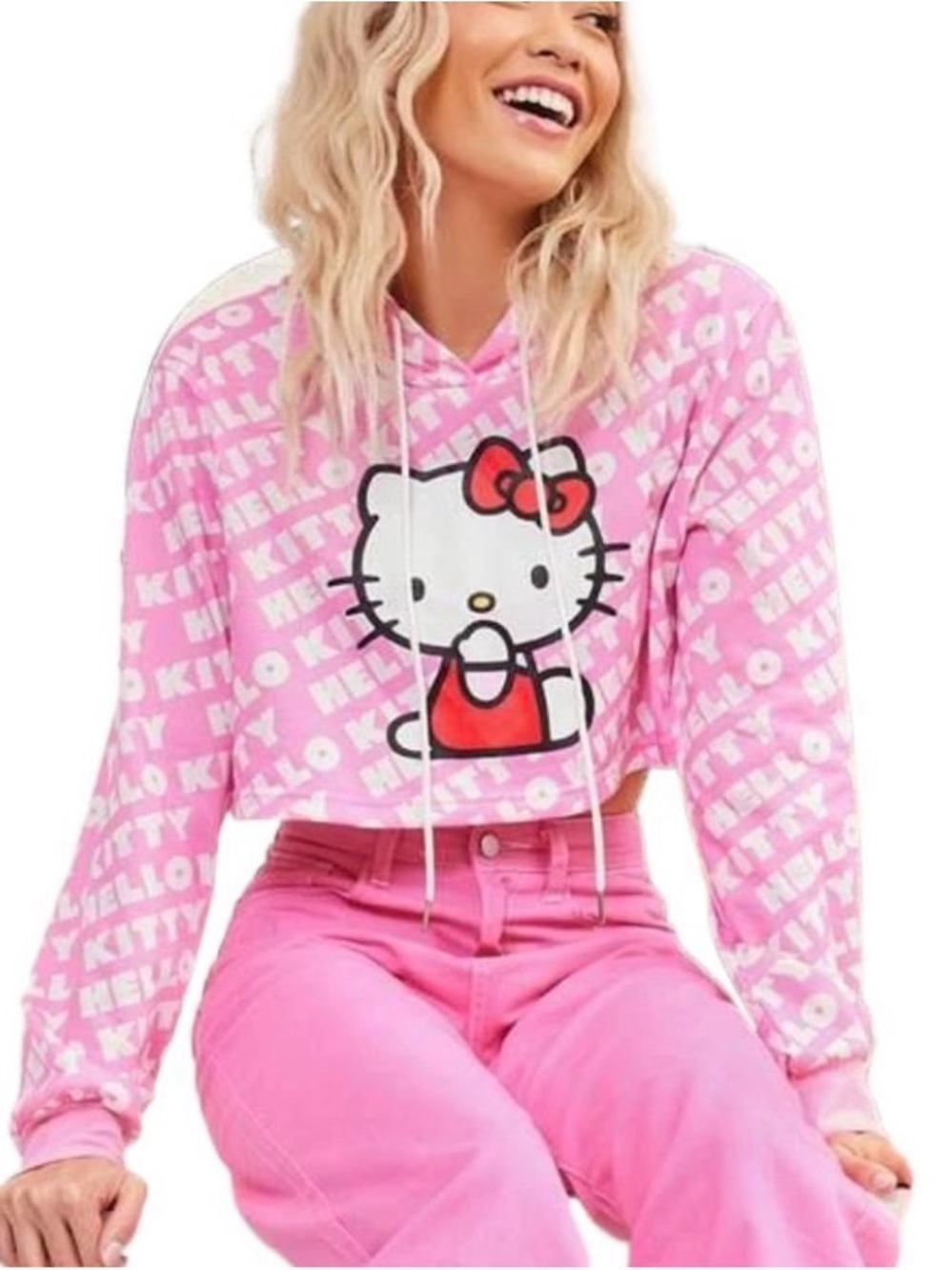 HELLO KITTY  Graphic Crop White and Pink Hoodie S